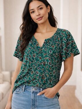 LOFT Petite Floral Blouse | Size SP | Green Boho Print